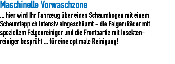 Maschinelle Vorwaschzone ... hier wird Ihr Fahrzeug über einen Schaumbogen mit einem Schaumteppich intensiv eingeschäumt - die Felgen/Räder mit speziellem Felgenreiniger und die Frontpartie mit Insekten- reiniger besprüht ... für eine optimale Reinigung! 